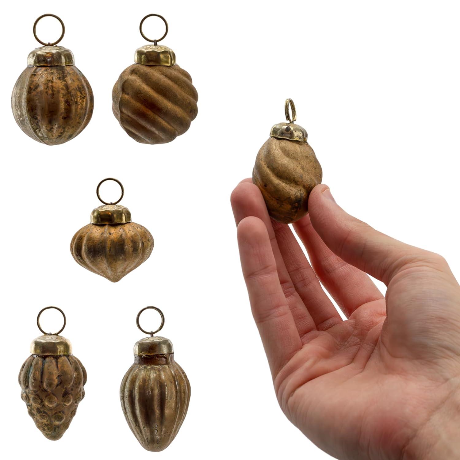 AuldHome Design Small Gold Glass Finial Ornaments, 12pc Set; Antiqued Retro Mercury Style Christmas Tree Decorations w/ Storage Bag