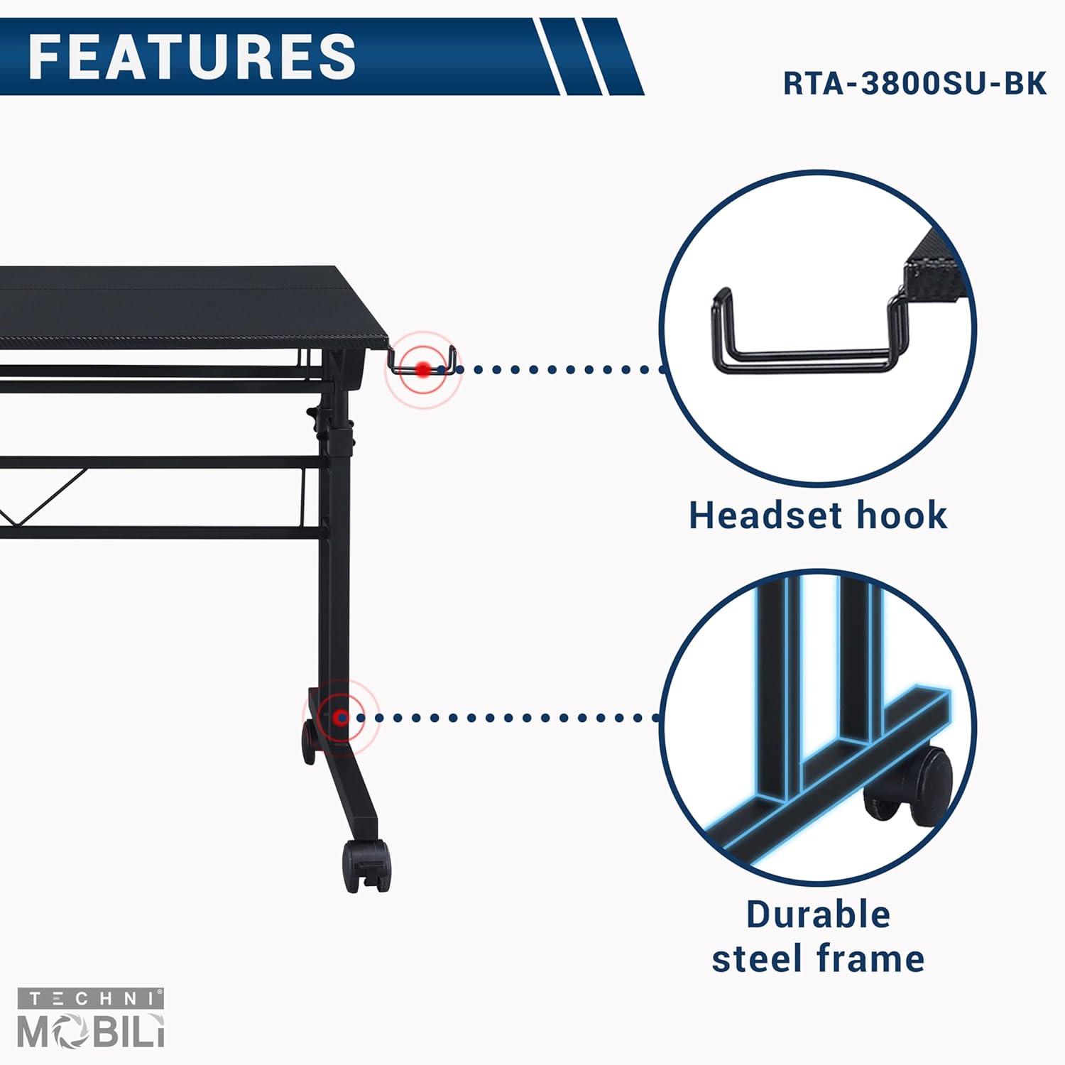 Rolling Writing Desk with Height Adjustable Desktop and Moveable Shelf - Techni Mobili