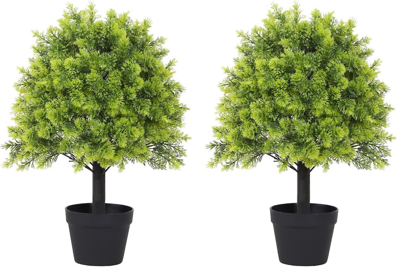 24-Inch Green Artificial Boxwood Topiary Trees in Black Plastic Pots, Set of 2