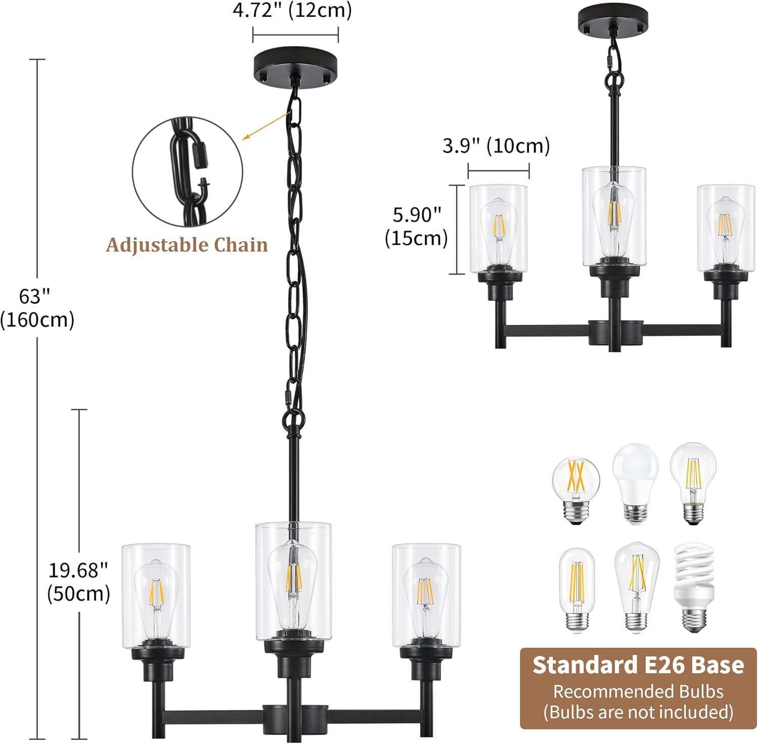 Black Chandelier for Dinning Room Living Room Island Kitchen Chandelier Light Fixtures Over Table, 3 Light Farmhouse Chandelier with Cylinder Clear Glass, Height Adjustable