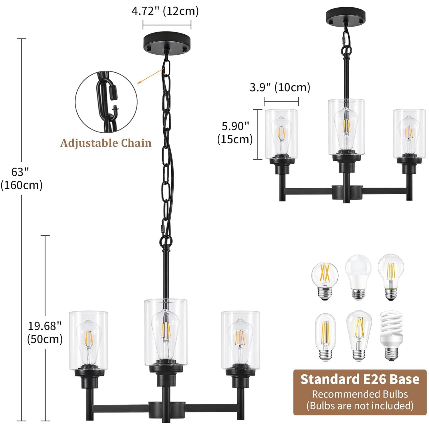 Black Chandelier for Dinning Room Living Room Island Kitchen Chandelier Light Fixtures Over Table, 3 Light Farmhouse Chandelier with Cylinder Clear Glass, Height Adjustable