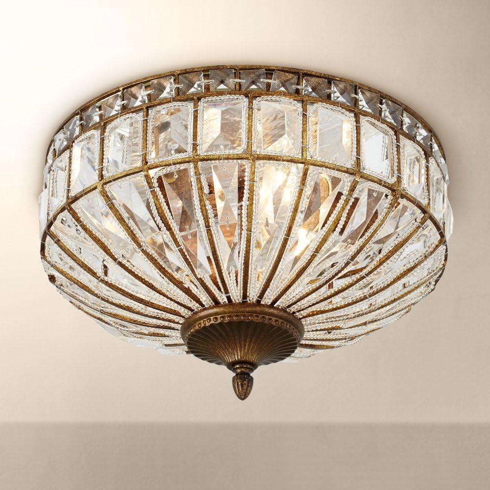 Vienna Full Spectrum Ibeza Vintage Ceiling Light Flush Mount Fixture 15 1/2" Wide Mocha Brown 3-Light Square Cut Crystal for Bedroom Kitchen Hallway