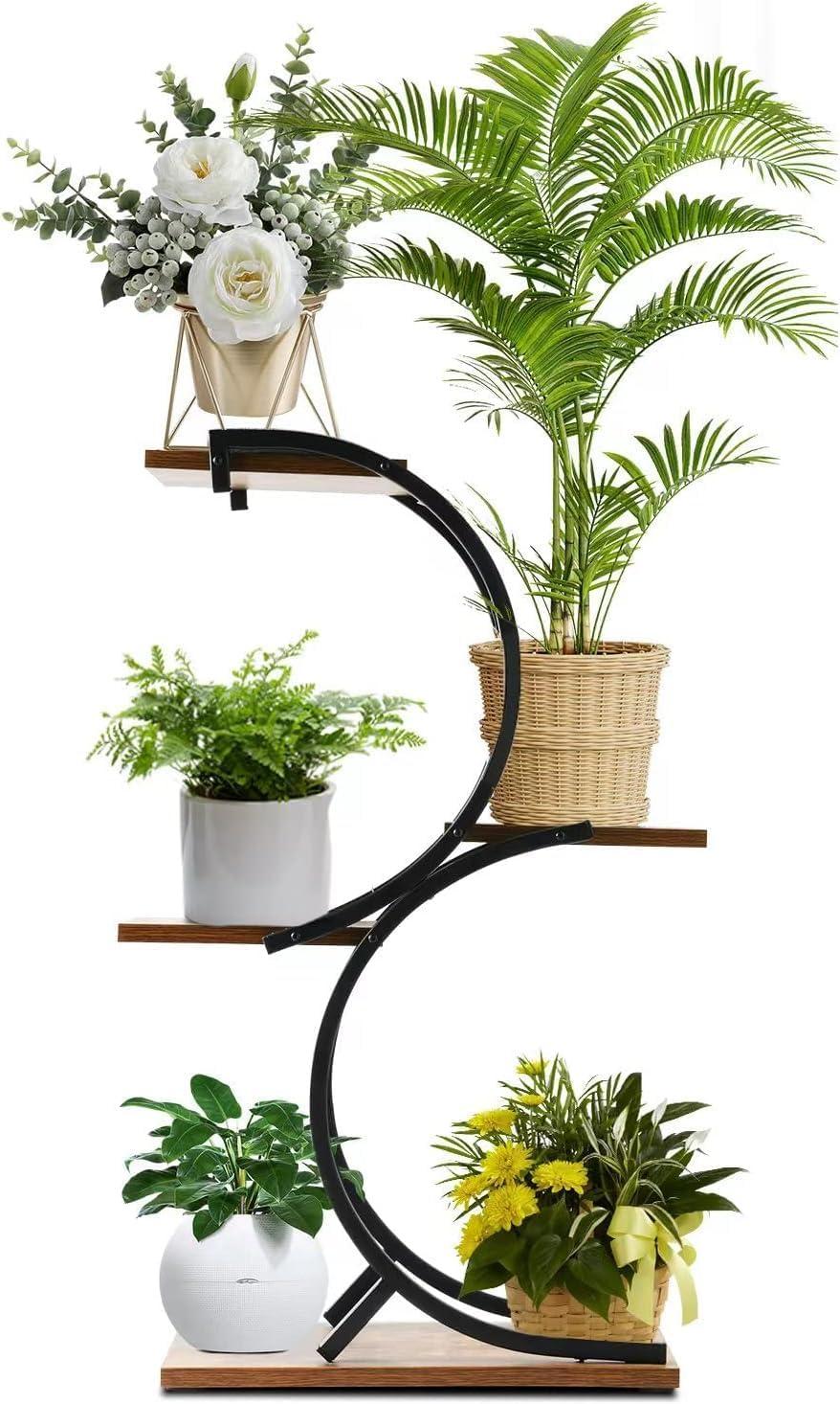 Black Iron and Wood 4-Tier Indoor Plant Stand