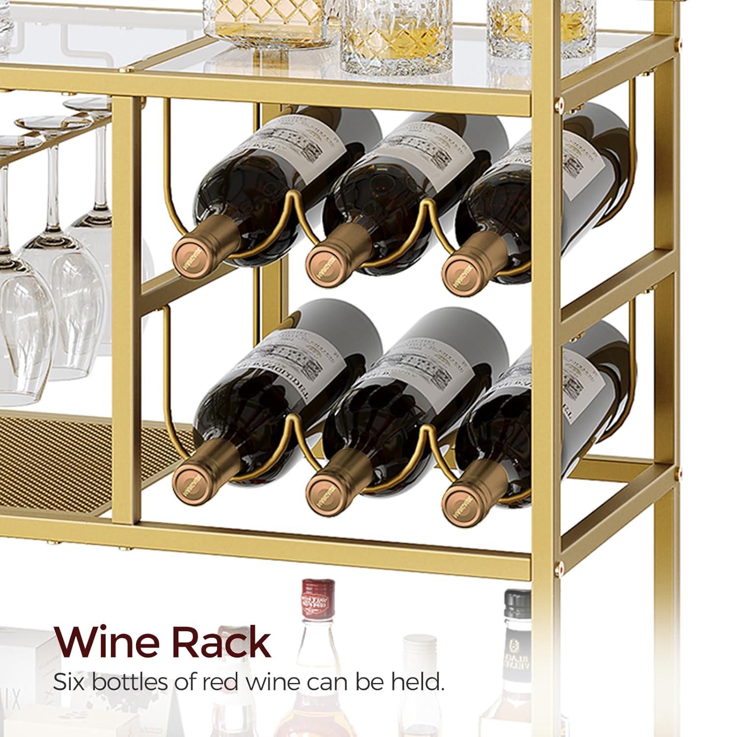 Bar Cart for Home, 3-Tier Serving Cart with Wheels and Handle, Beverage Cart with Wine Rack and Glass Holders, Rolling Wine Cart for Kitchen, Dining Room, Gold RCJ61B01