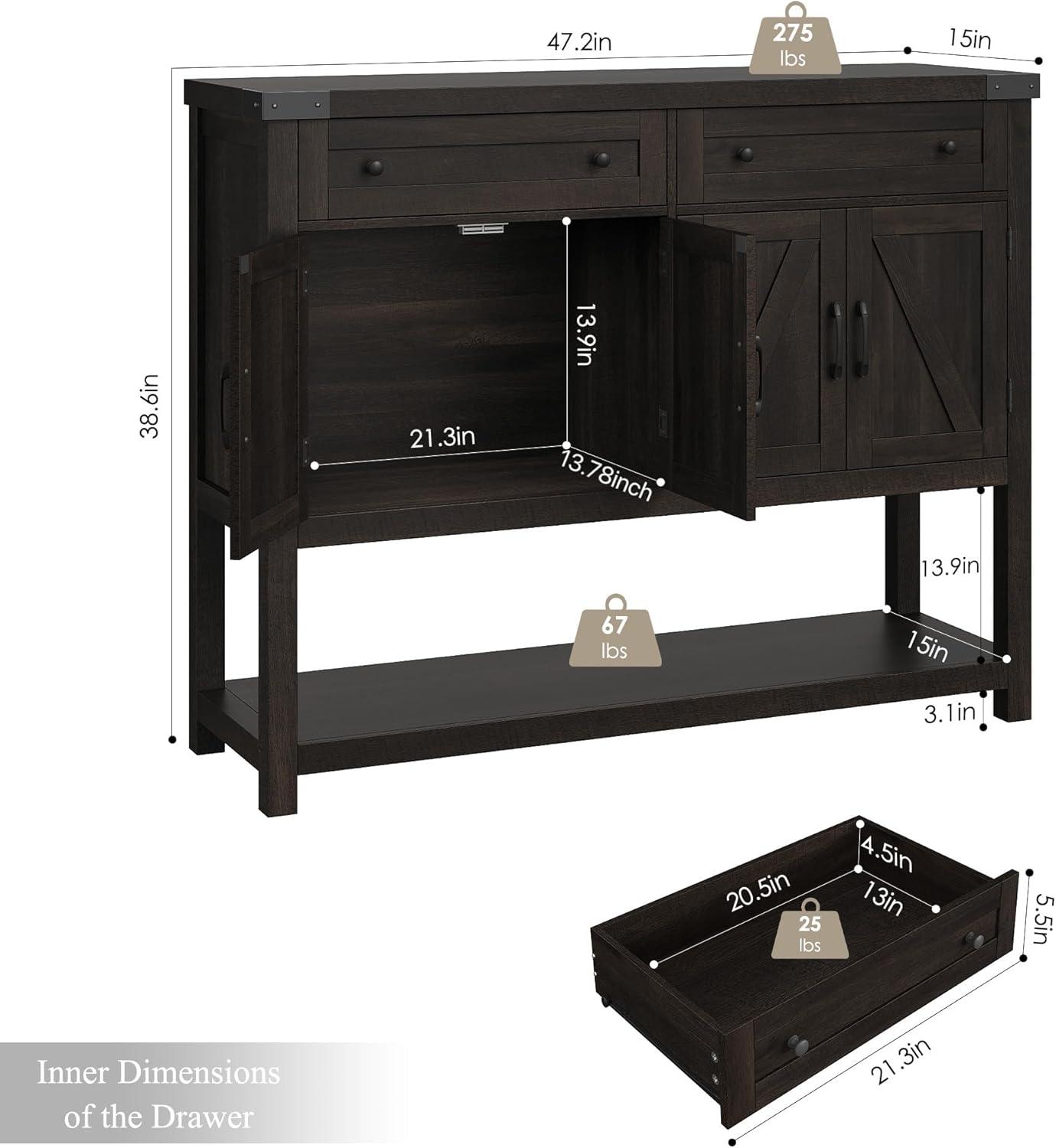 47.2" Modern Farmhouse Coffee Bar with 2 Drawers, Barn Doors Console Table with Shelf for Kitchen