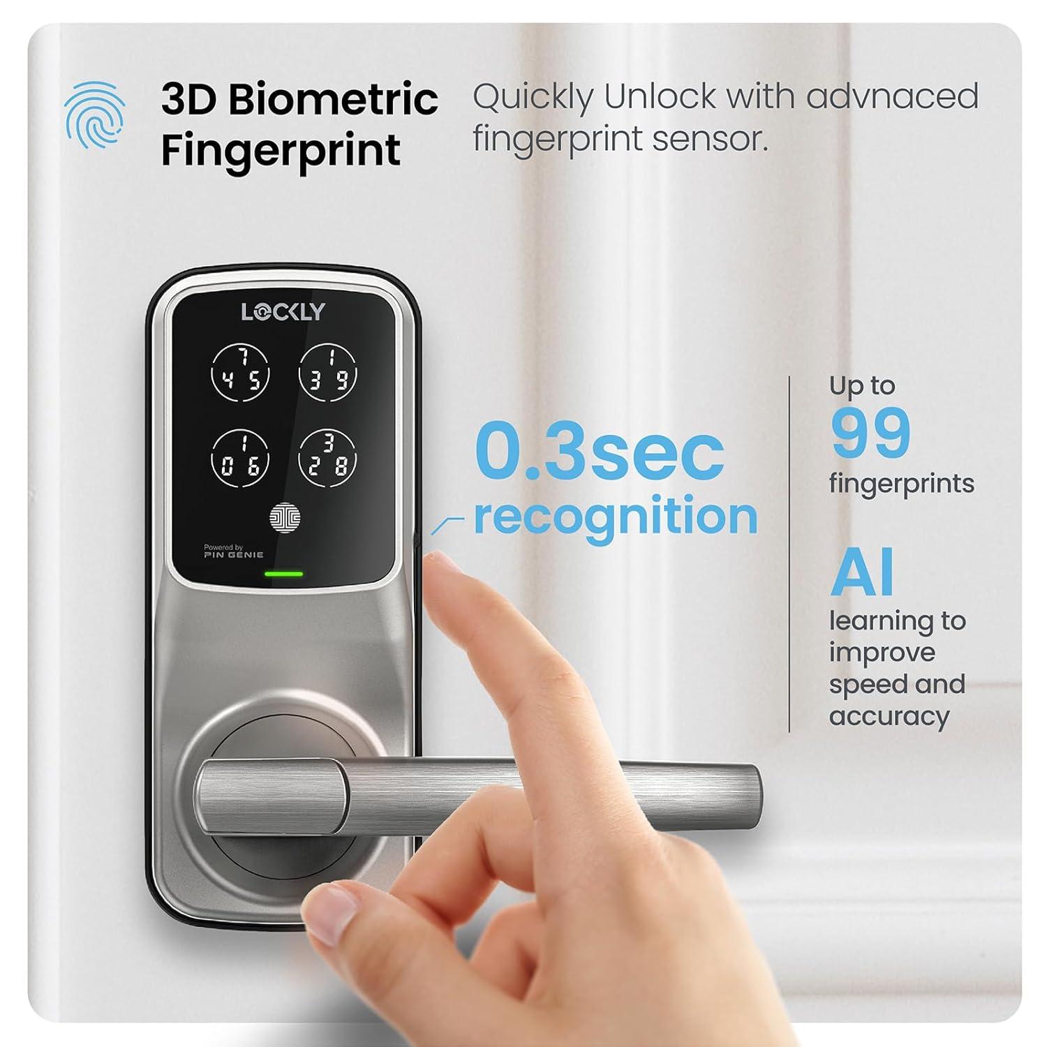 Lockly Secure Pro Latch Wi-Fi Smart Locks Satin Nickel Smart Lock Electronic Handle with Wifi Bluetooth and Fingerprint Touchscreen Keypad