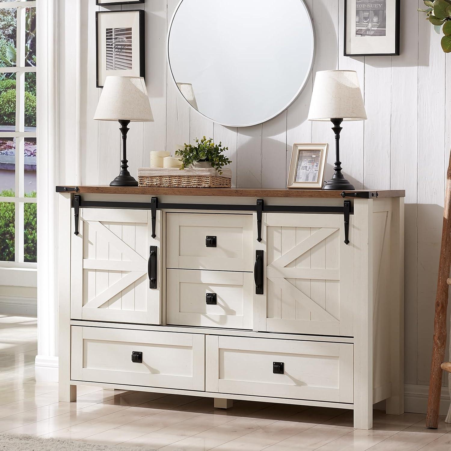 Antique White Farmhouse Dresser with Sliding Barn Doors and Drawers