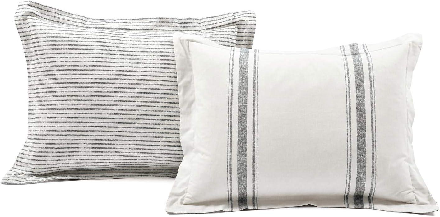 Gray Cotton Full/Queen Farmhouse Stripe Reversible Duvet Cover Set