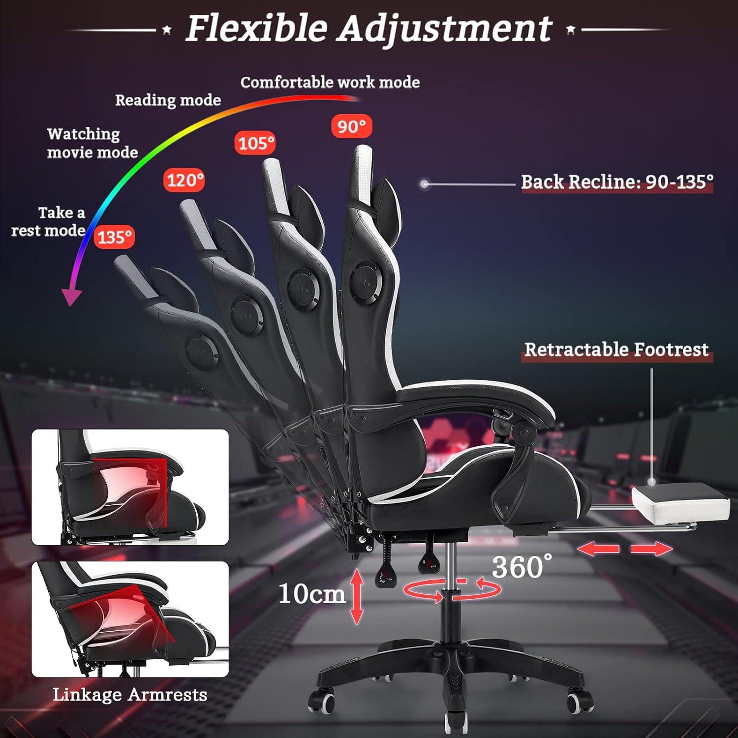 Gaming Chair with Bluetooth Speakers and RGB LED Lights Ergonomic Massage Computer Gaming Chair with Footrest Video Game Chair High Back with Lumbar Support White and Black