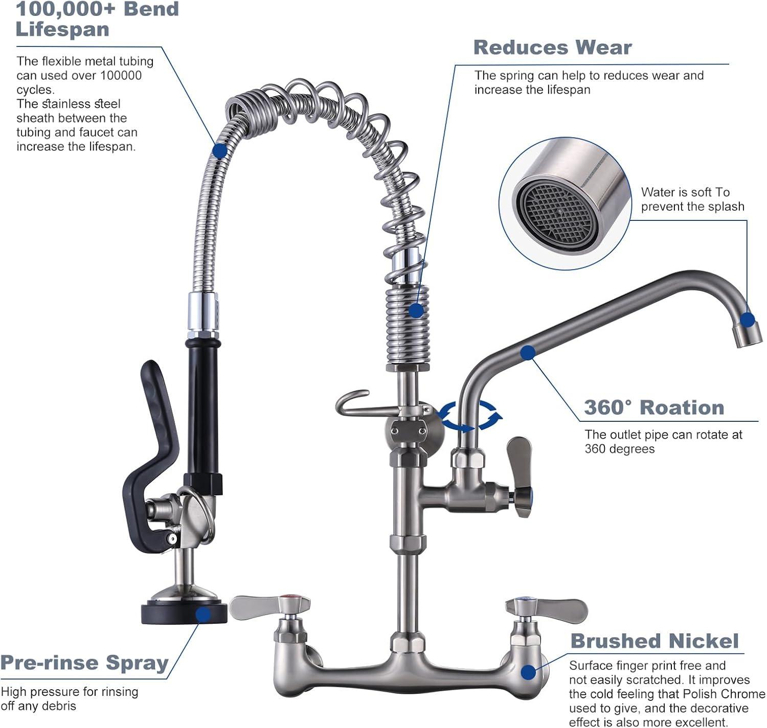 Brushed Nickel 21" Wall Mount Commercial Kitchen Faucet with Pull-out Spray