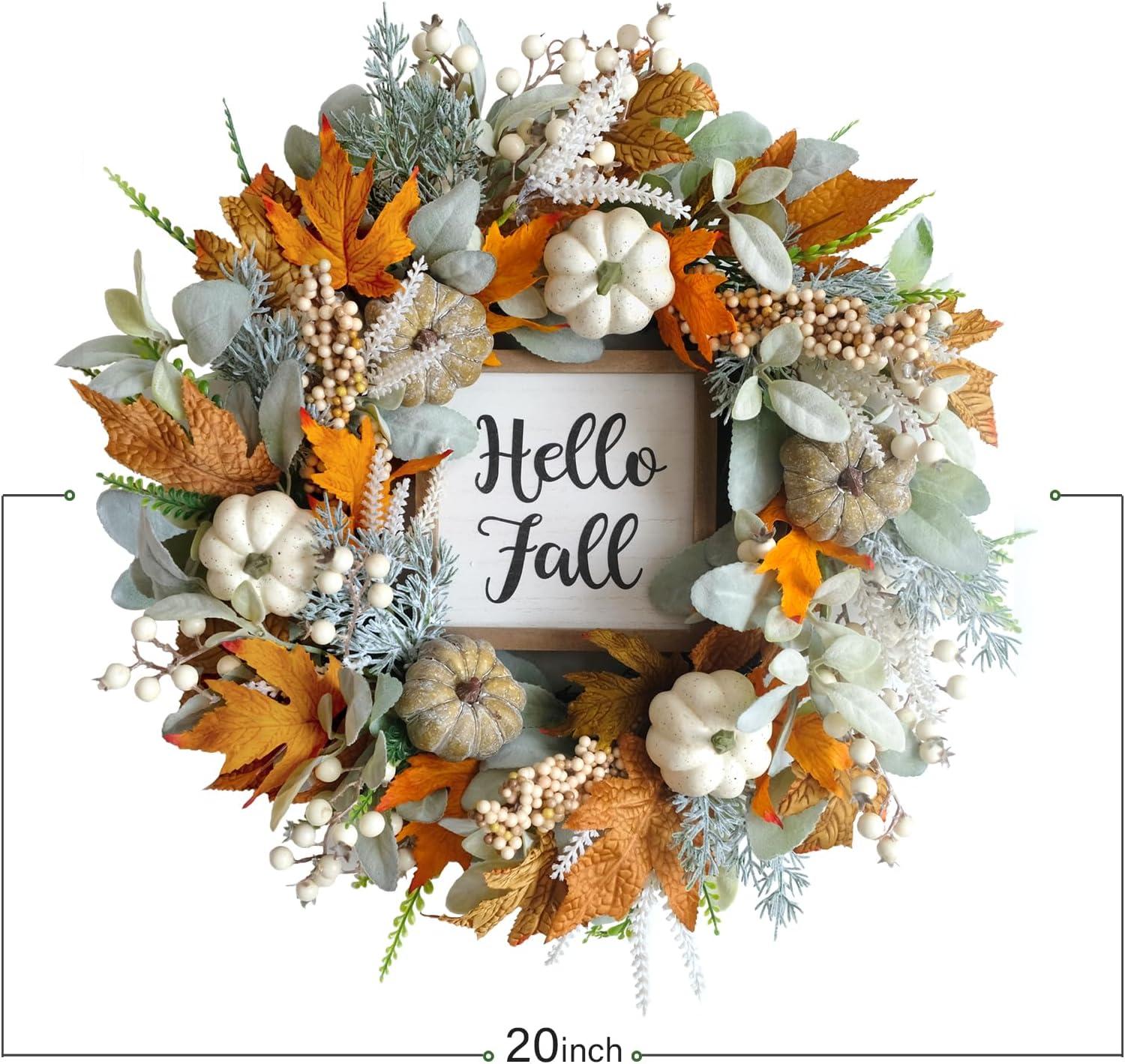 20-Inch Eucalyptus and Pumpkin Fall Wreath for Front Door