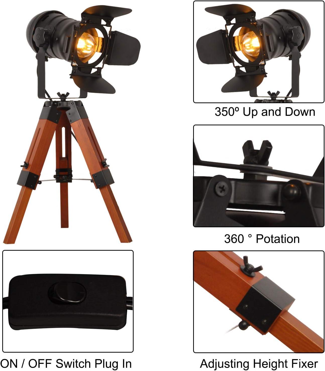 Modern Industrial Vintage Tripod Floor Table Lamp - Metal Wooden Nautical Cinema Standing Searchlight - Reading Light for Living Room Movie Theatre Decoration Adjustable Height (excluding Bulb)