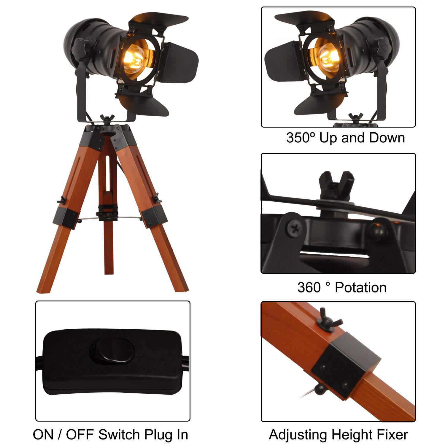 Modern Industrial Vintage Tripod Floor Table Lamp - Metal Wooden Nautical Cinema Standing Searchlight - Reading Light for Living Room Movie Theatre Decoration Adjustable Height (excluding Bulb)