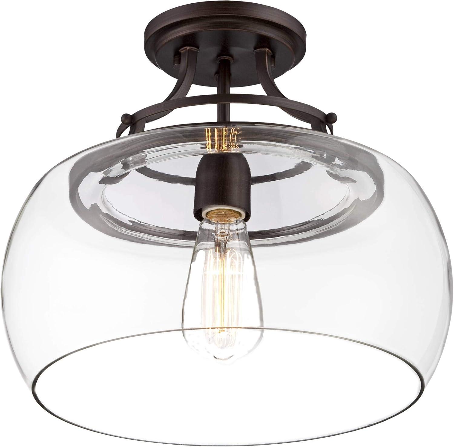 Franklin Iron Works Charleston Industrial Modern Farmhouse Ceiling Light Semi Flush Mount Fixture 13 1/2" Wide Bronze LED Clear Glass for Bedroom Home