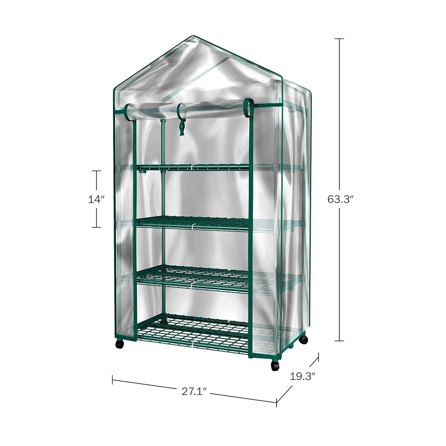 Pure Garden 4-Tier Greenhouse with Wheels – Indoor/Outdoor Plant Stand with PVC Cover & Shelves