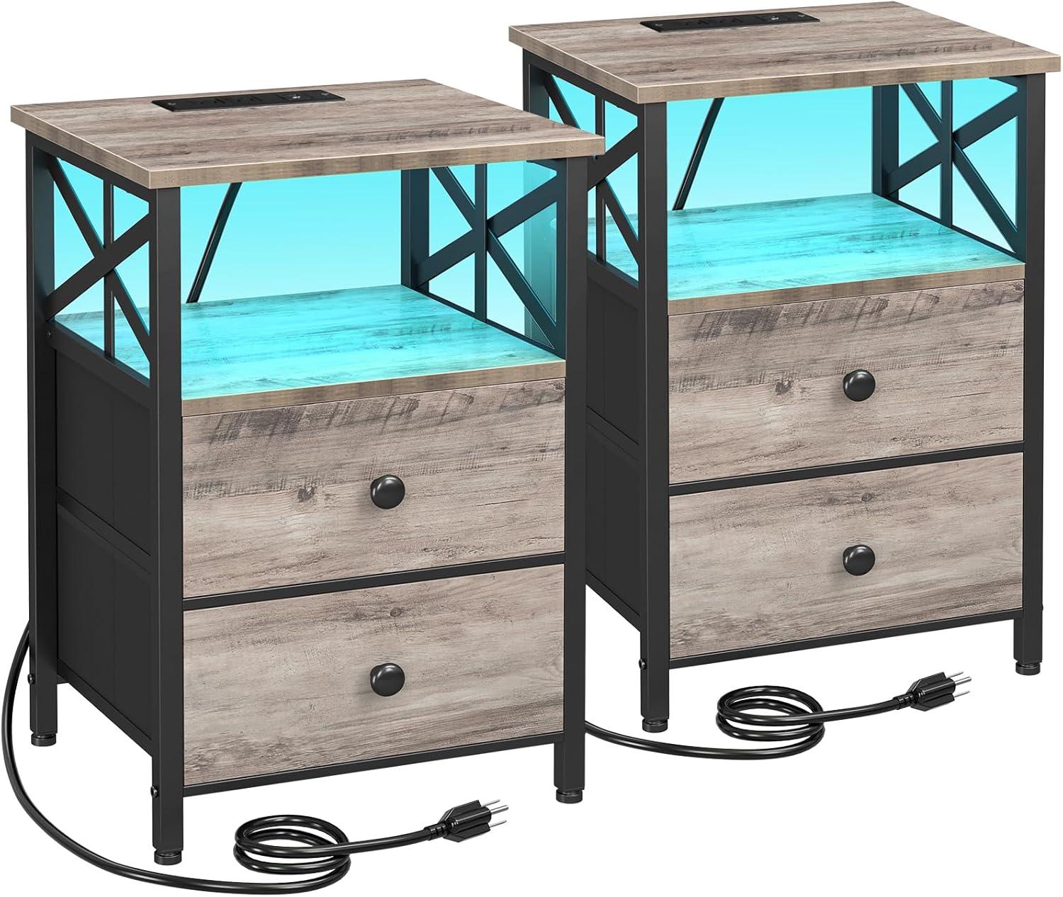 Greige Industrial Nightstand Set with LED and Charging Station