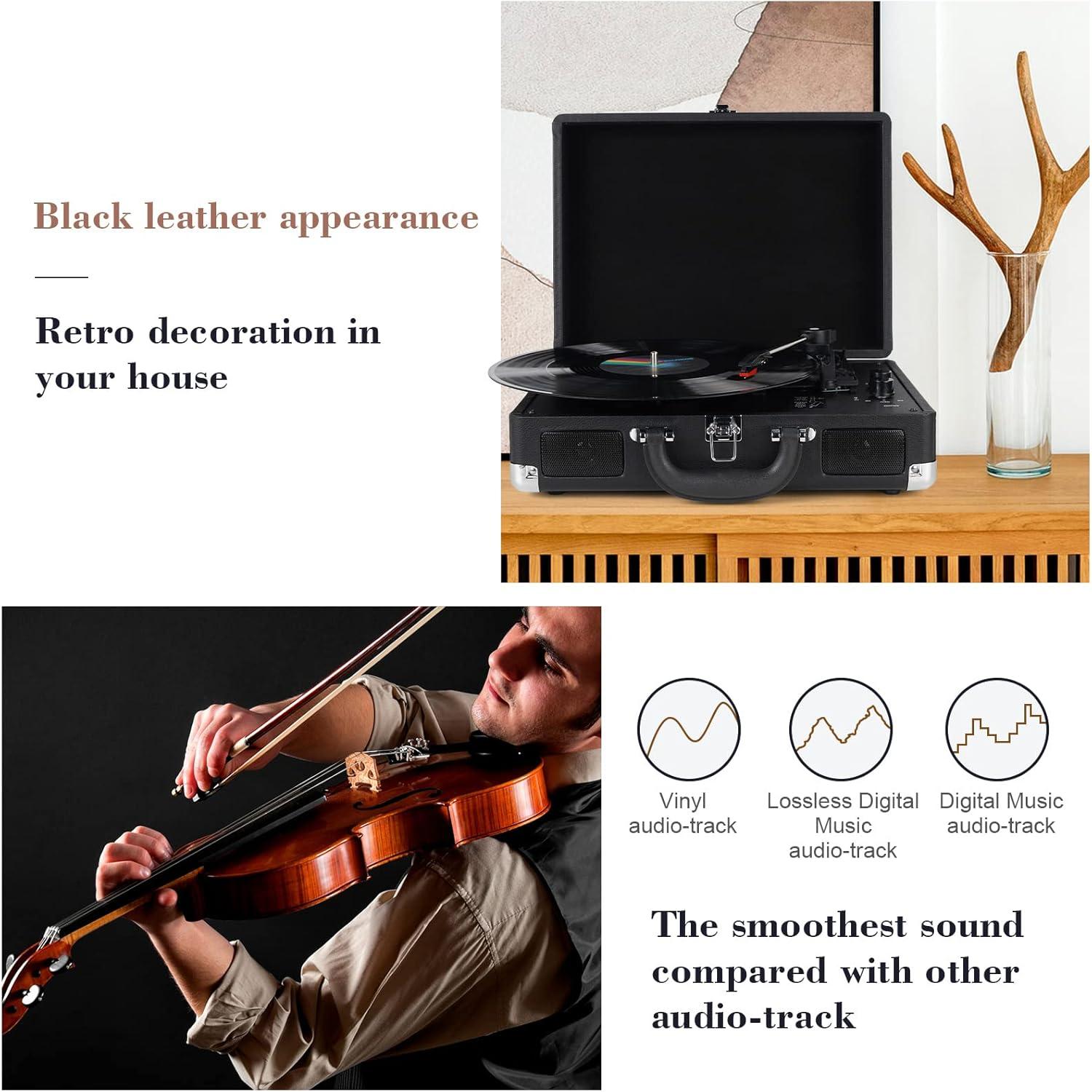 DIGITNOW Bluetooth Record Player 3 Speeds Turntable with Built-in Stereo Speakers, Suitcase Design - Black