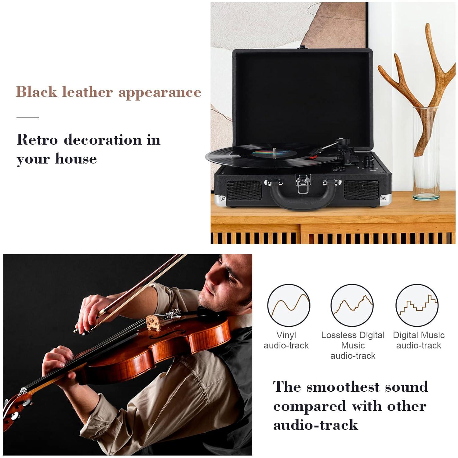 DIGITNOW Bluetooth Record Player 3 Speeds Turntable with Built-in Stereo Speakers, Suitcase Design - Black