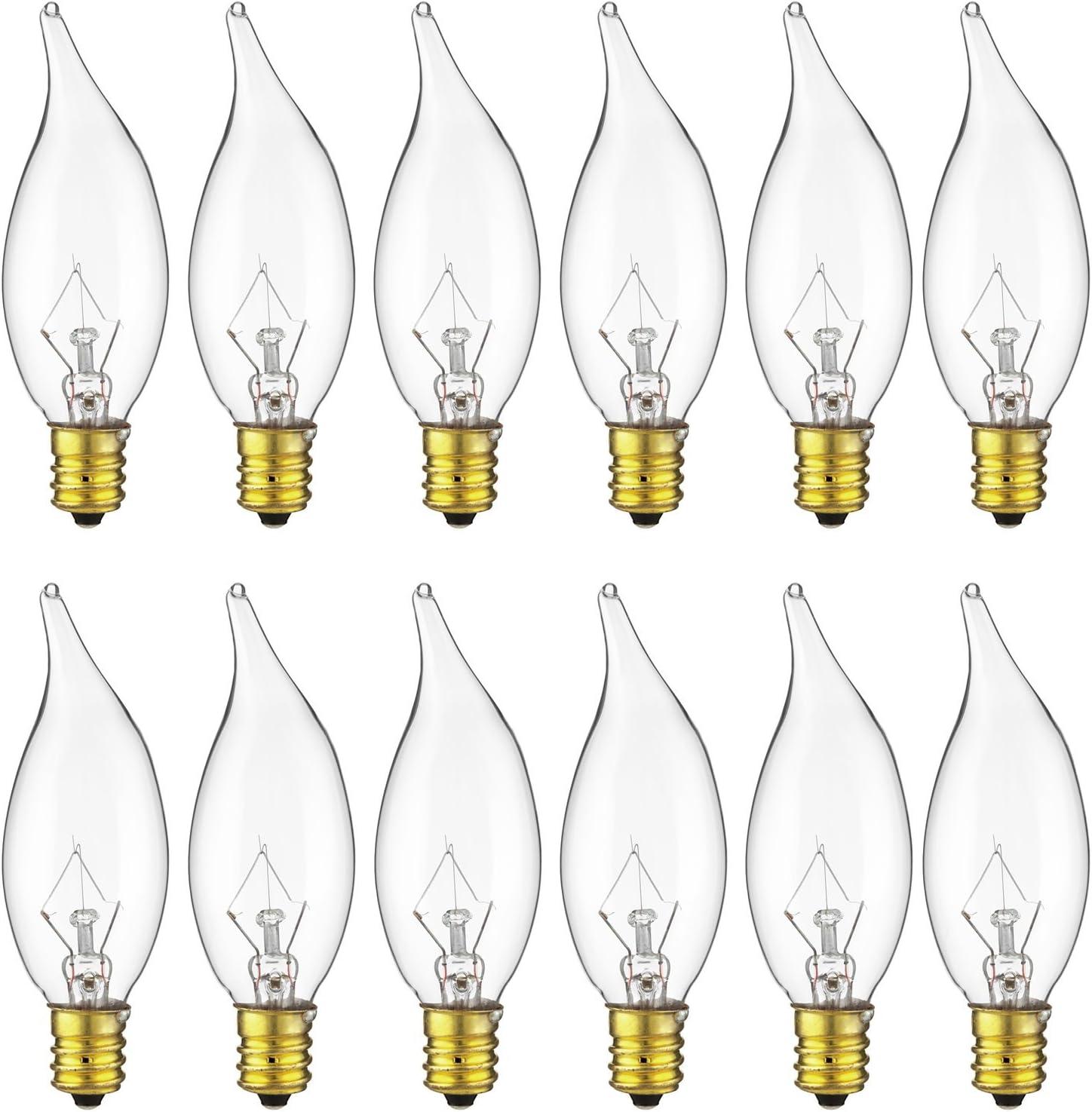 Sunlite 15CFC/25/12PK Flame Tip 15W Incandescent Petite Chandelier Light Bulb, Candelabra (E12) Base, Crystal Clear Bulb (12 Pack)