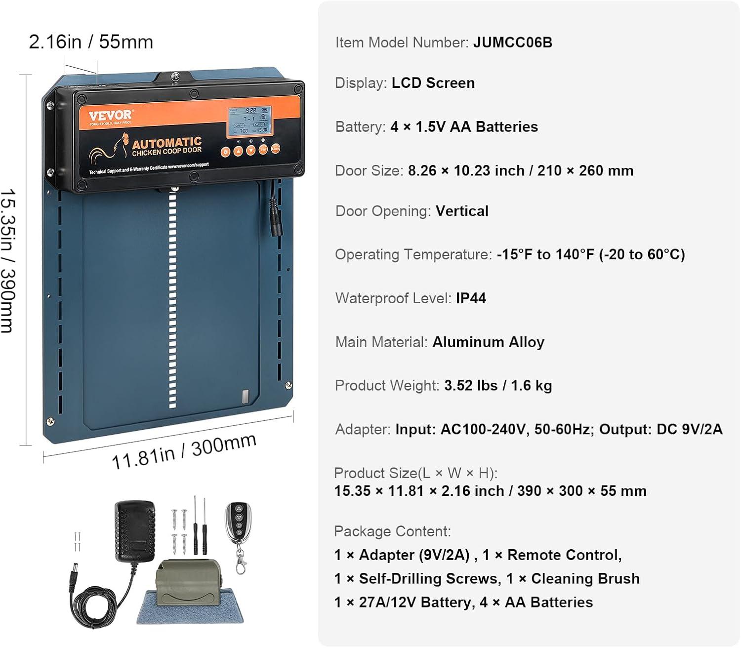 VEVOR Automatic Chicken Coop Door, Auto Chicken Door Opener with Timer & Light Sensor Aluminum Chicken Coops Door with Remote Control and LCD Screen, 4 Modes Opening, Battery or DC Powered