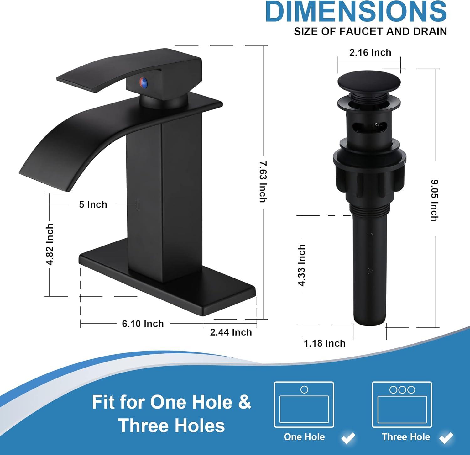 Matte Black Single Handle Waterfall Bathroom Faucet with Pop-up Drain