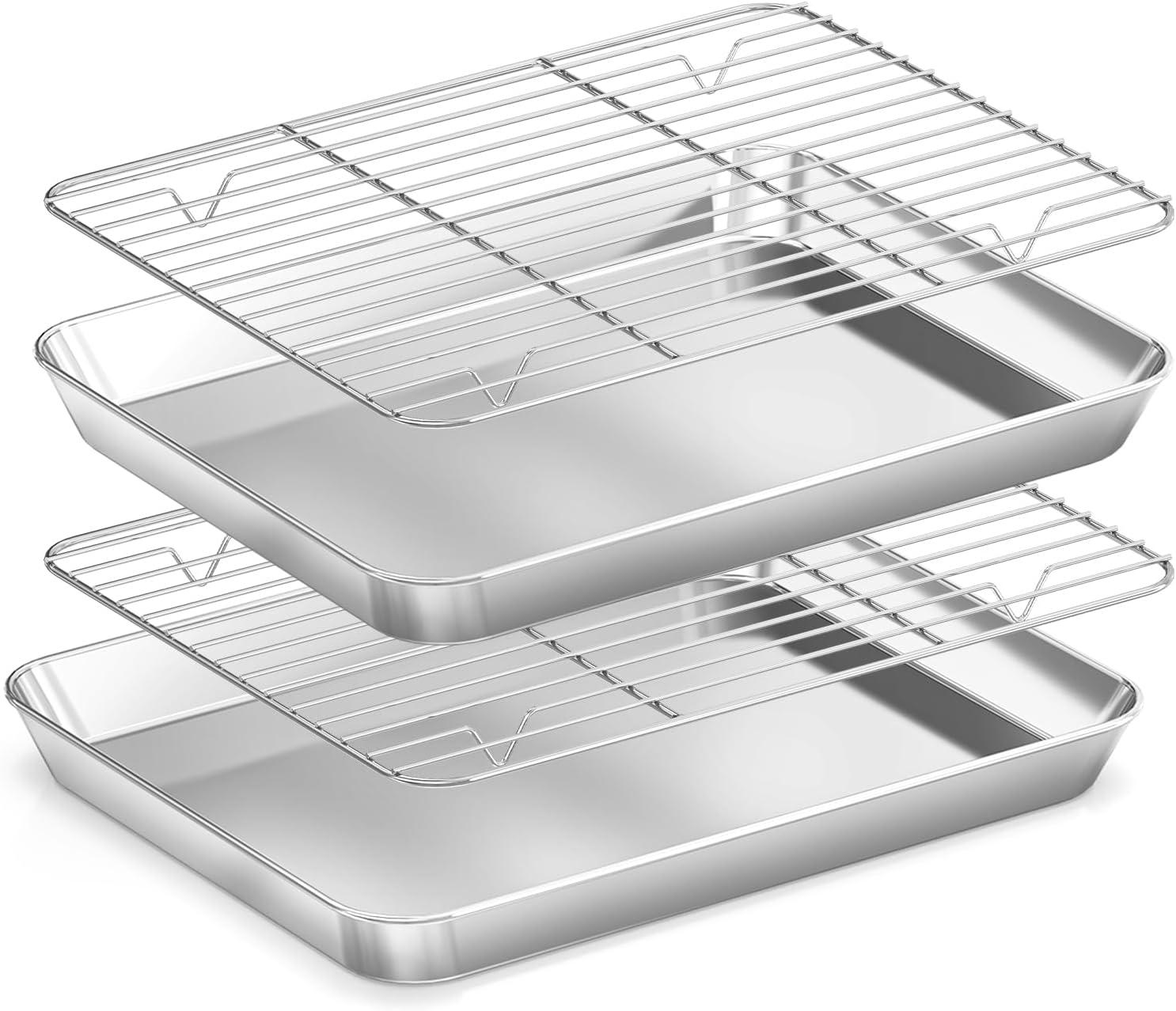 Baking Sheet with Rack Set [2 Pans + 2 Racks ] HKJ Chef Stainless Steel Cookie Sheet Baking Pan Tray with Cooling Rack, Size 9x7x1 Inch, Non Toxic & Heavy Duty & Easy Clean