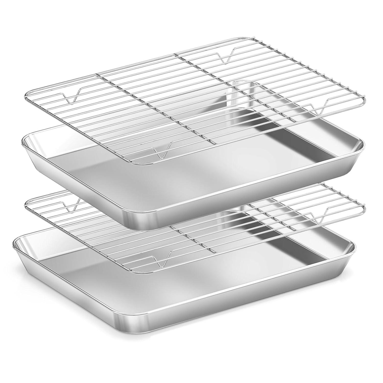Baking Sheet with Rack Set [2 Pans + 2 Racks ] HKJ Chef Stainless Steel Cookie Sheet Baking Pan Tray with Cooling Rack, Size 9x7x1 Inch, Non Toxic & Heavy Duty & Easy Clean