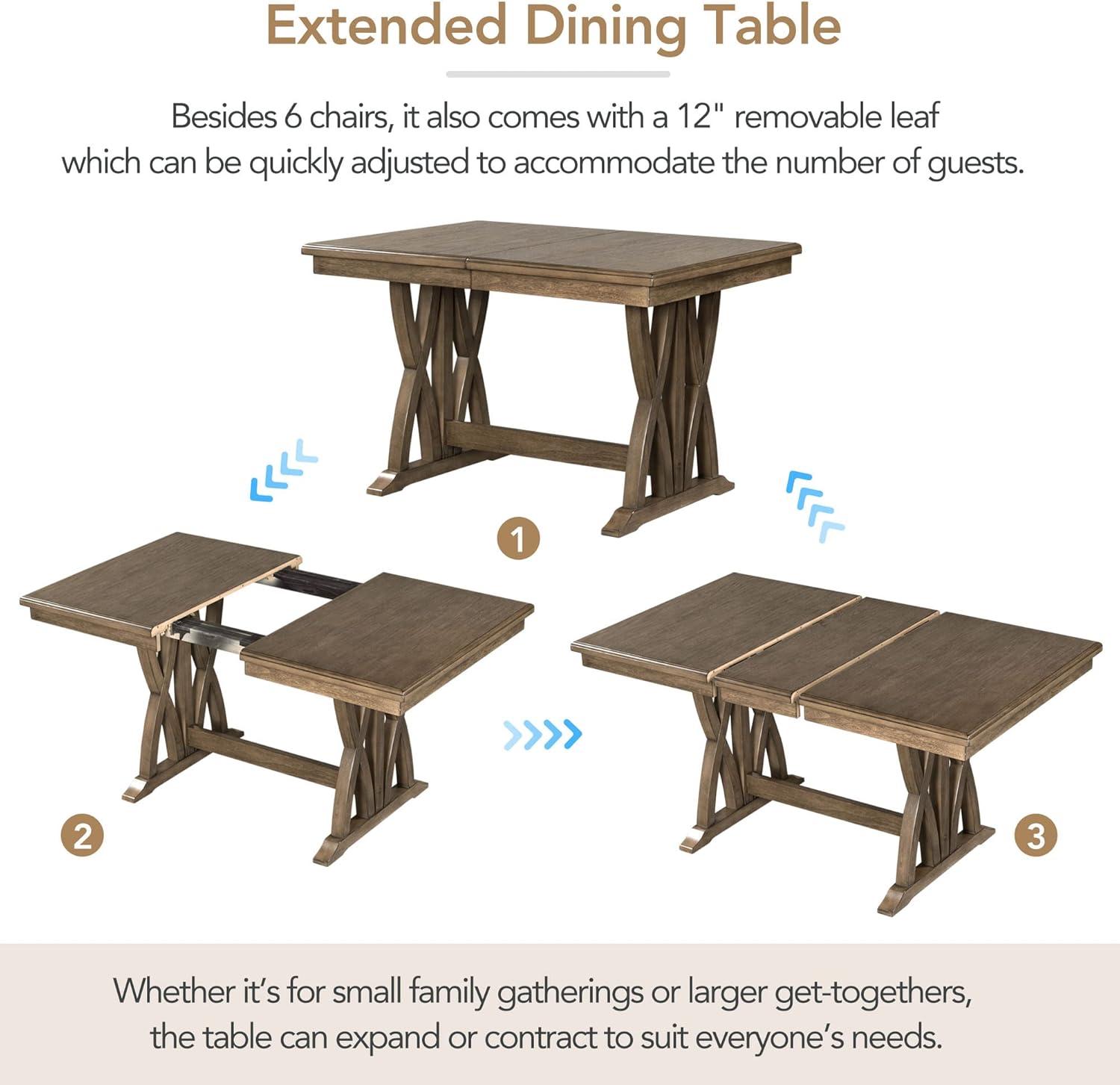 Wood 7-Piece Dining Table Set Extendable Kitchen Table Set with Upholstered Chairs