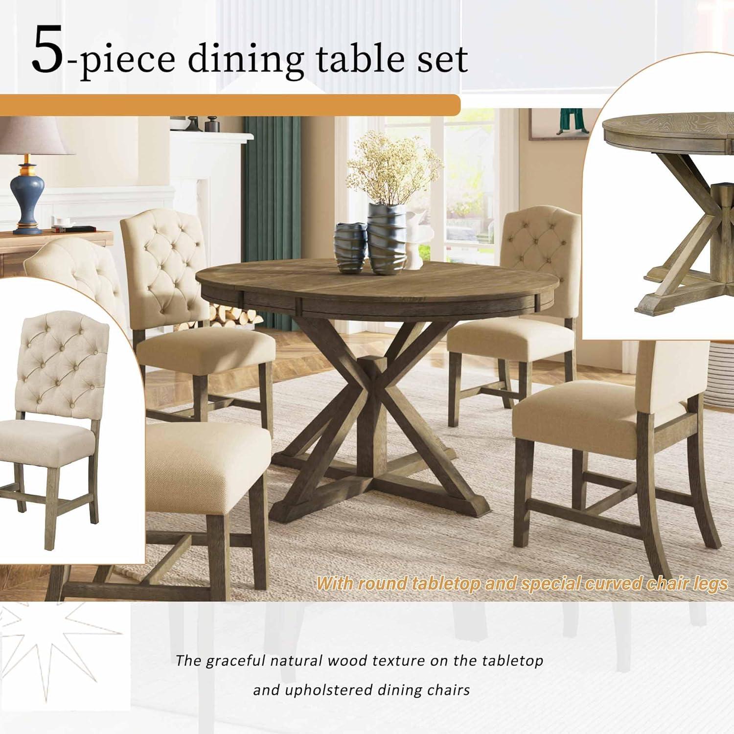 Bellemave Extendable Dining Table Set for 4, 5-Piece Round Table Set with 4 Chairs, Circle Table with Upholstered Chairs, Oval Kitchen Table Set with Extendable Table (Natural Wood Wash)