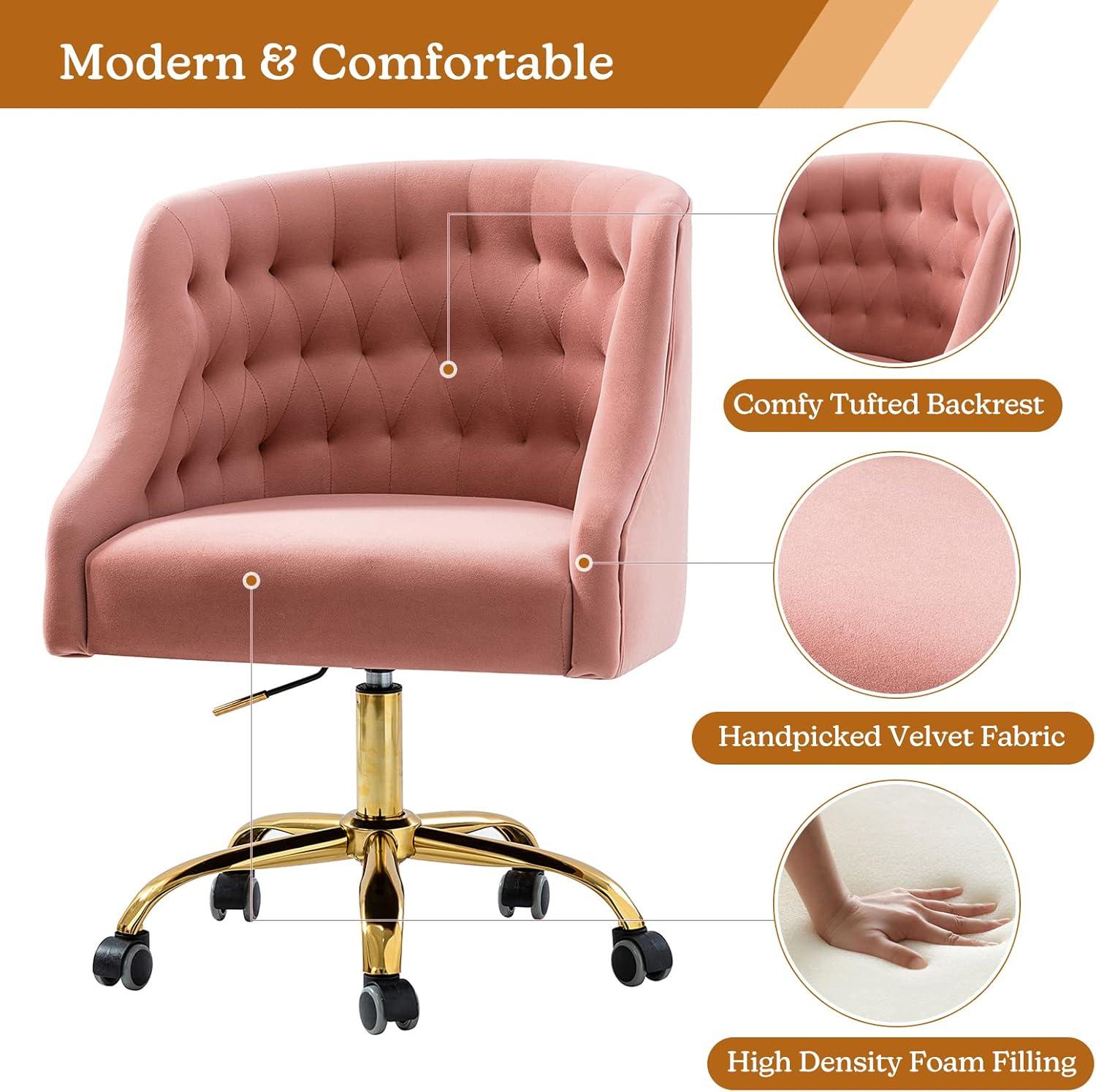 Modern Home Task Chair Swivel Rolling Computer Velvet Fabric Gold Legs Makeup Vanity Chairs Adult Pink