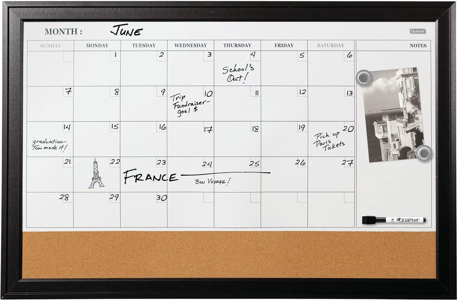 Ebony Frame Magnetic Whiteboard Calendar and Corkboard Combo