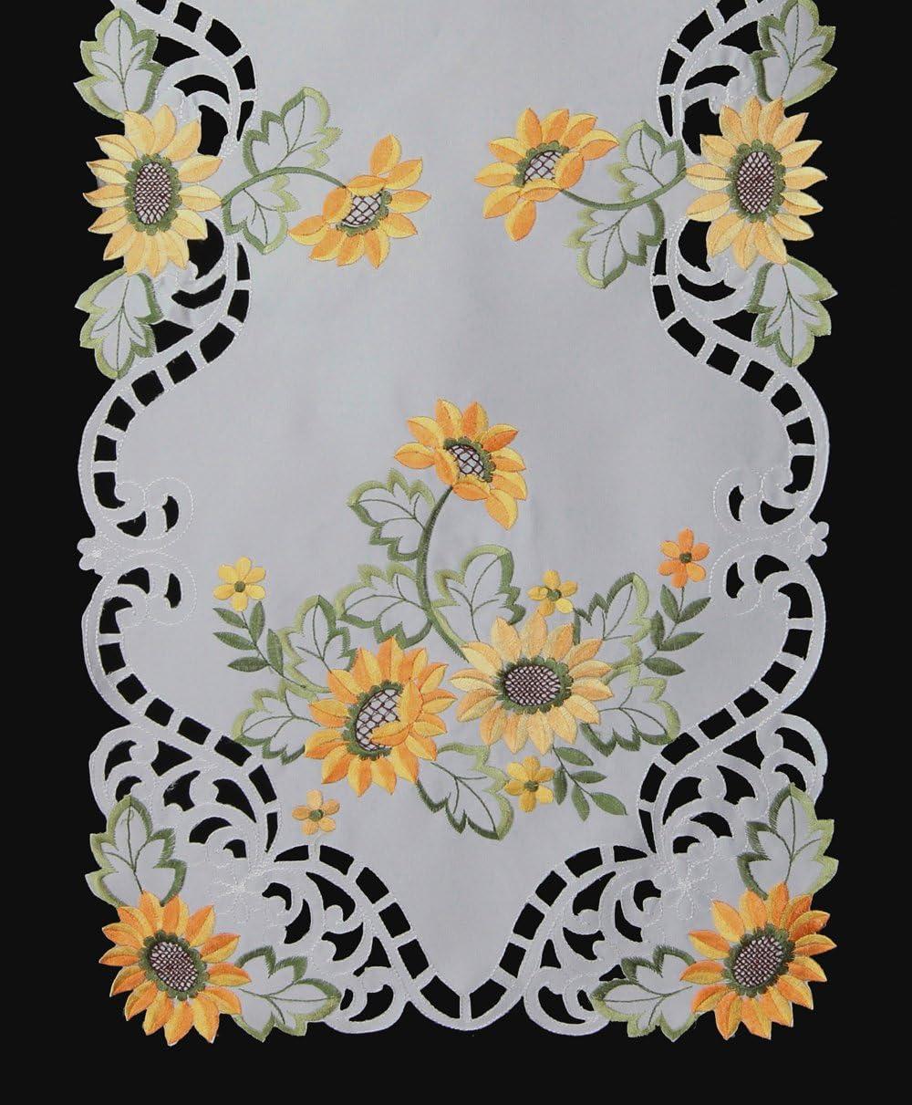 Sunflower Table Runner 15x34 Embroidered Cutwork Dresser Scarf White