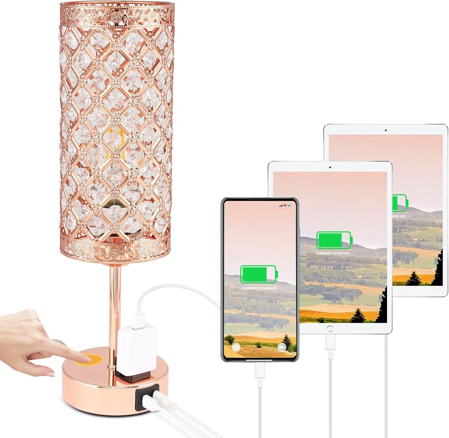 Rose Gold Crystal Touch Table Lamp with USB Ports