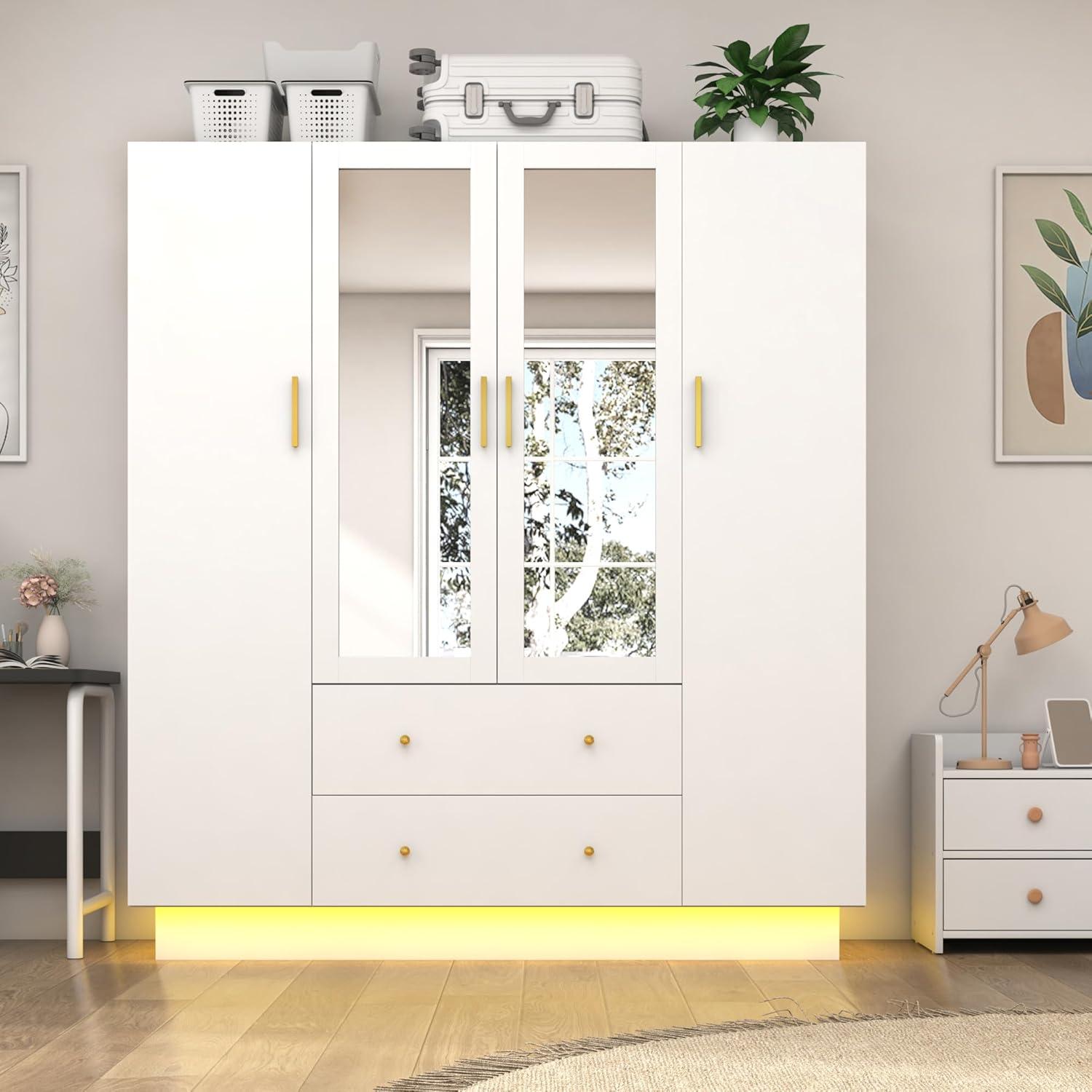 Armoire Wardrobe Closet With Mirror & Led Light, 4 Door Wooden Storage Cabinet With Drawers, Spacious Armoire With Hanging Rod & Adjustable Shelves