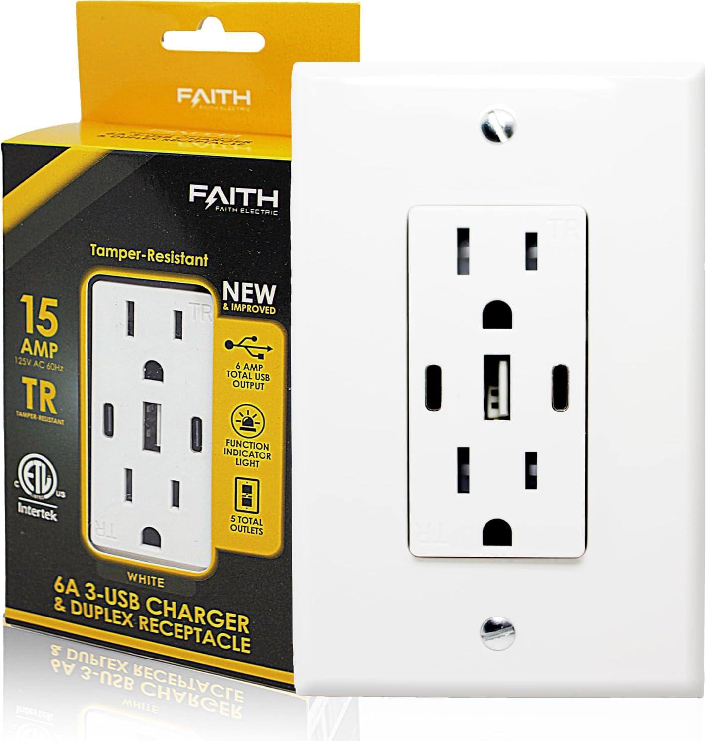 White 15A Tamper Resistant Duplex Outlet with 3 USB Ports