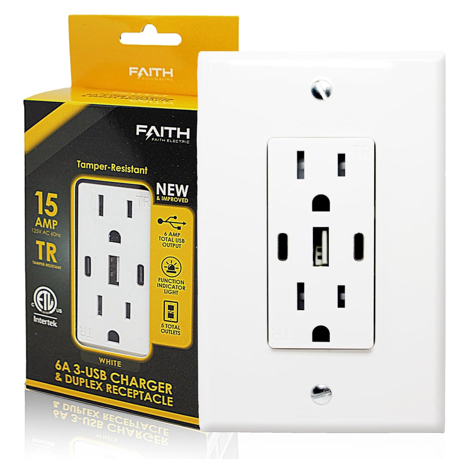 White 15A Tamper Resistant Duplex Outlet with 3 USB Ports