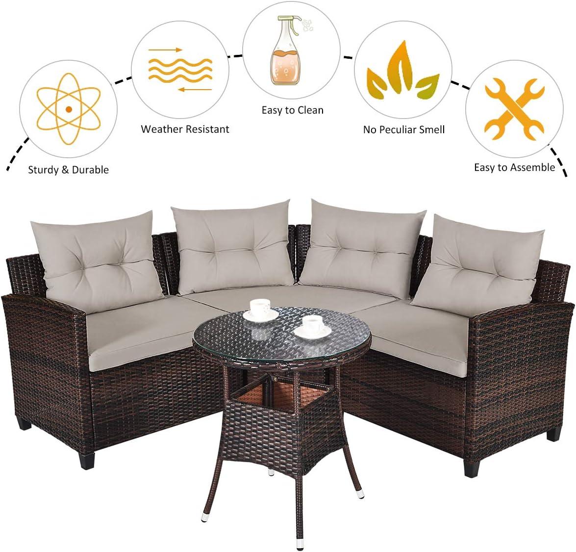 Patiojoy 4PCS Outdoor Patio Conversation Set Wicker Rattan Sectional Sofa