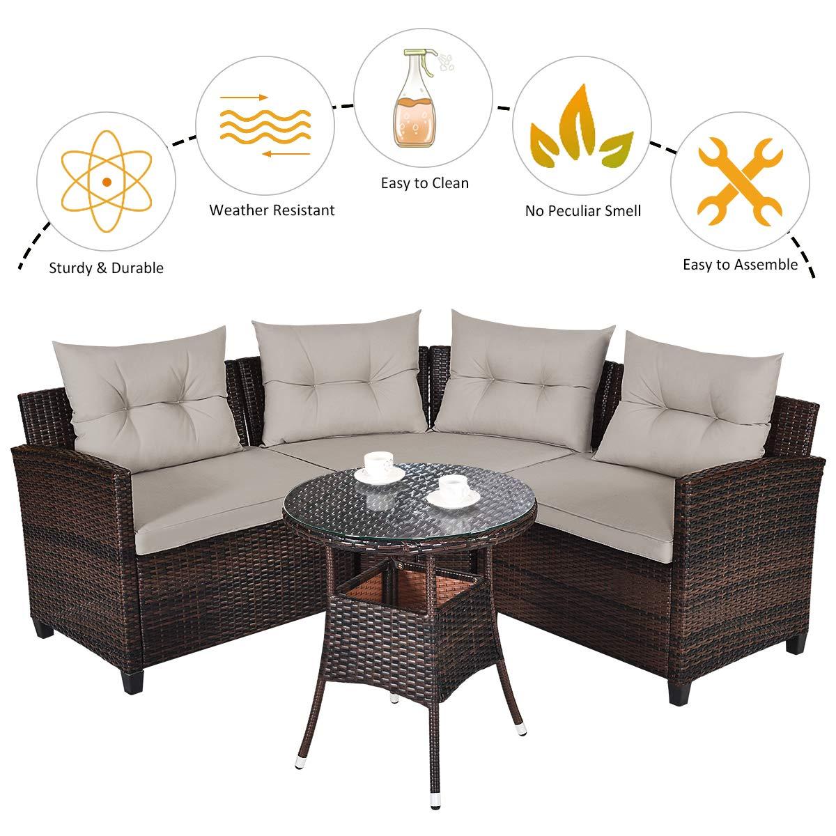 Patiojoy 4PCS Outdoor Patio Conversation Set Wicker Rattan Sectional Sofa
