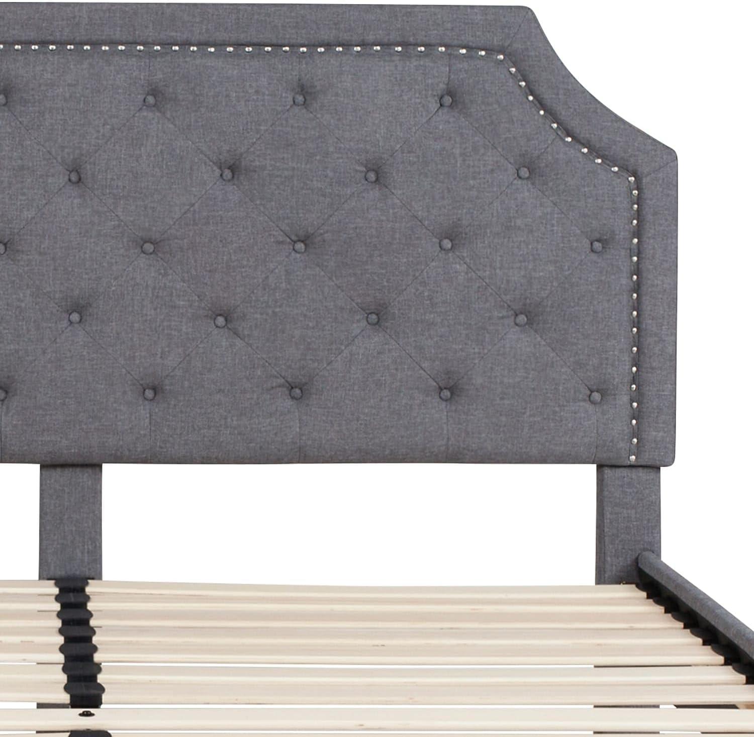 Elegant King-Sized Light Gray Upholstered Platform Bed with Nailhead Trim