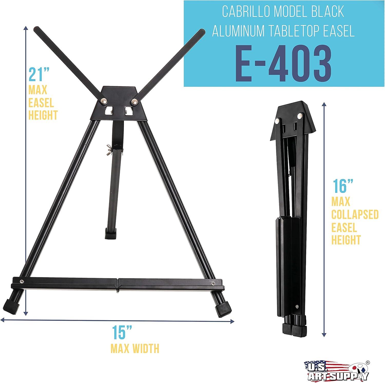 U.S. Art Supply 15" to 21" High Adjustable Black Aluminum Tabletop Display Easel with Arms, Portable Artist Tripod Stand