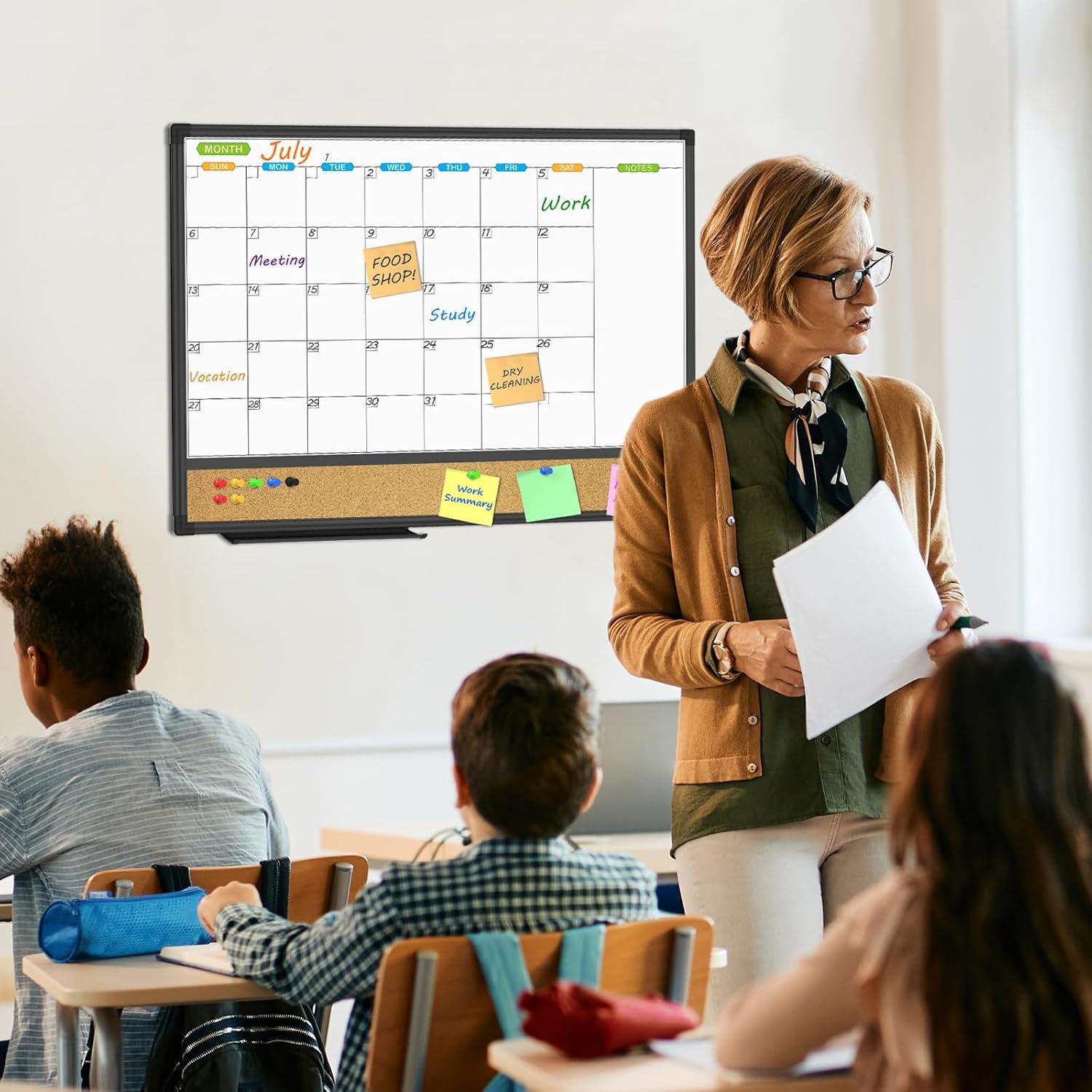 JILoffice Magnetic Calendar Whiteboard & Bulletin Corkboard Combination, Combo Board 24 x 18 Inch, Black Aluminum Frame Wall Mounted Board for Office Home and School with 10 Push Pins