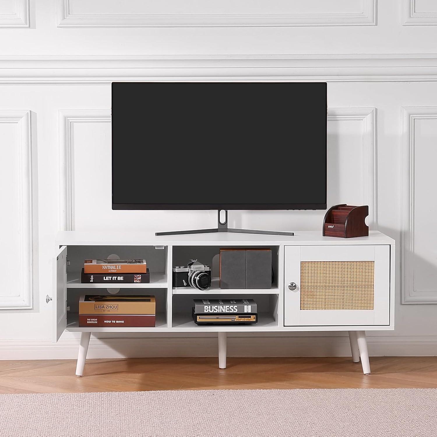 VEVOR Rattan Mid Century Modern TV Stand, Boho TV Console for 55 inch TV, White