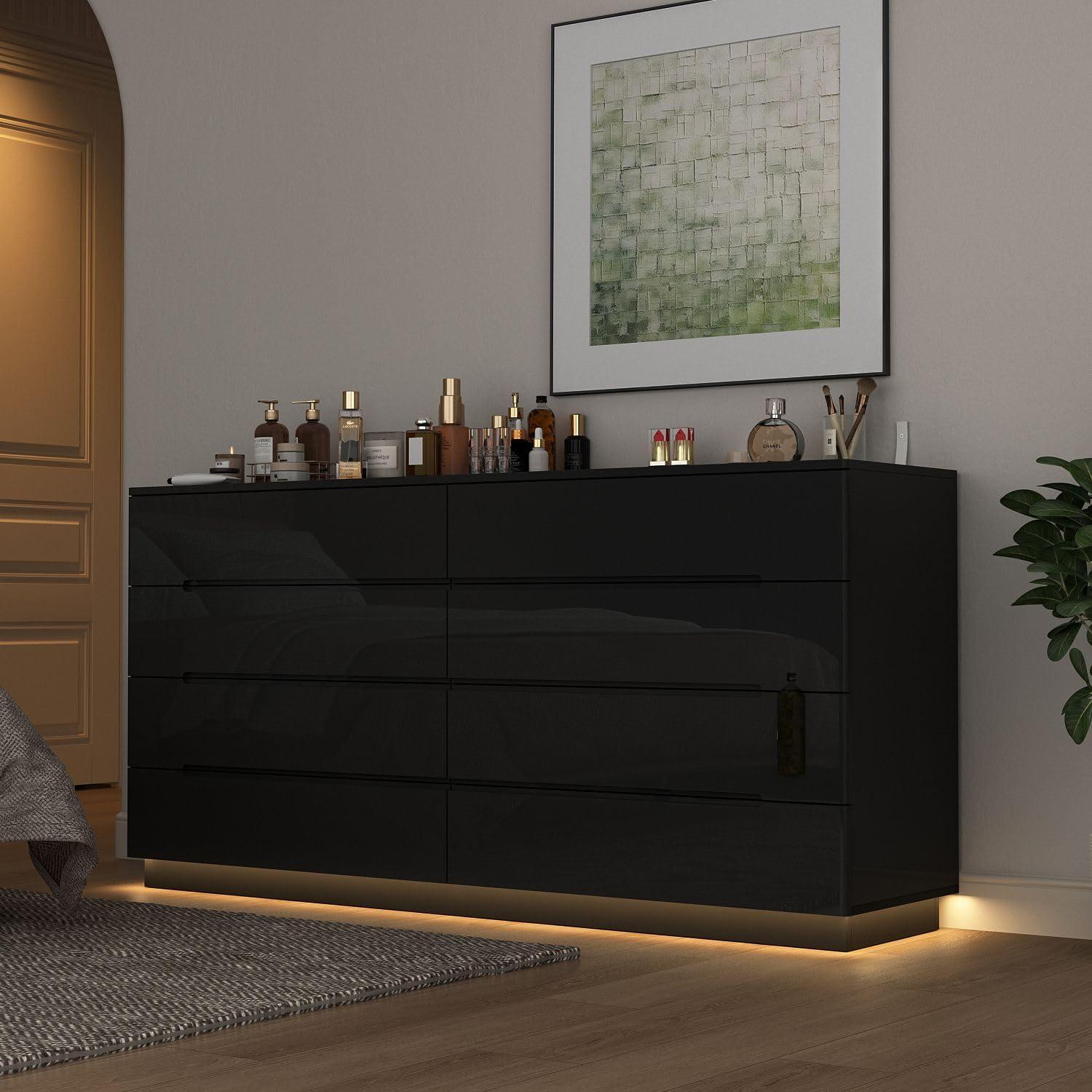 Black 8-Drawer 63 in. W Wood Double Dresser Chest of Drawers Bedroom Storage Organizer in With High Gloss and LED Lights