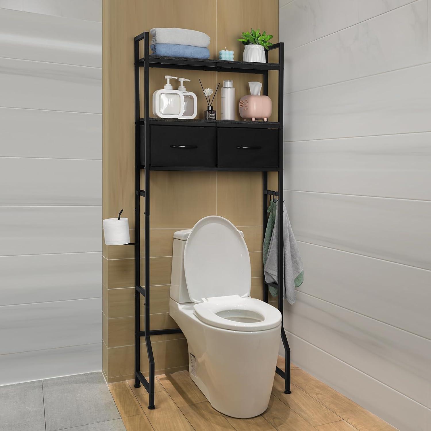 Black Wood Over-the-Toilet Storage Cabinet with Fabric Drawers