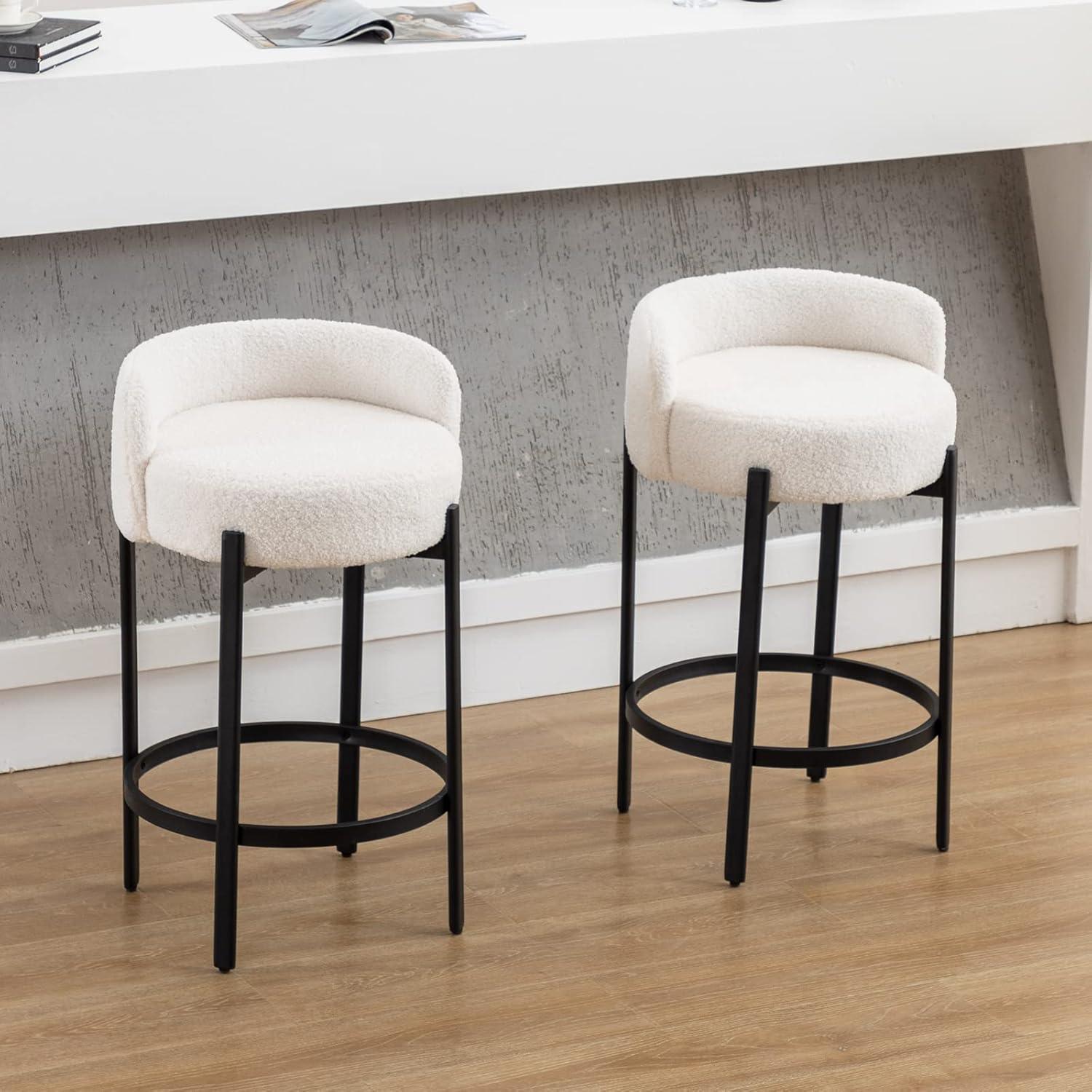 Modern Bar stools Set of 2, 26 Inch Sherpa Fabric Counter Height Barstools with Low Back, Upholstered Round Shape Kitchen Island Stools with Black Metal Legs for Dining Room Bar, White