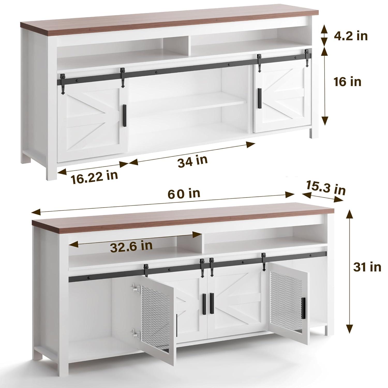 White and Brown Wood Farmhouse TV Stand with Sliding Barn Doors