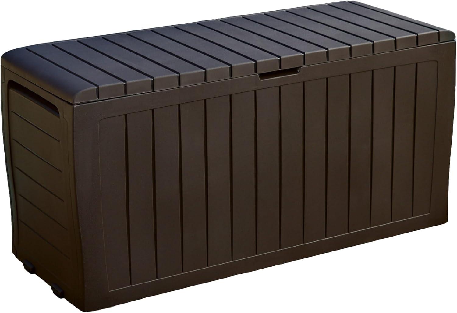 Brown Lockable Plastic Wicker Deck Box with Wheels, 71 Gal