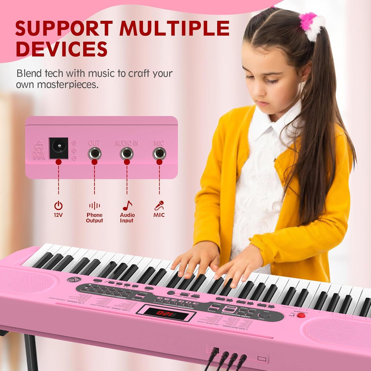 Fenbeli 61 Key Piano Keyboard with Lighted Keys Electric Keyboard Kit with Stand, Bench, Headphones, Built-in Speakers, Pink