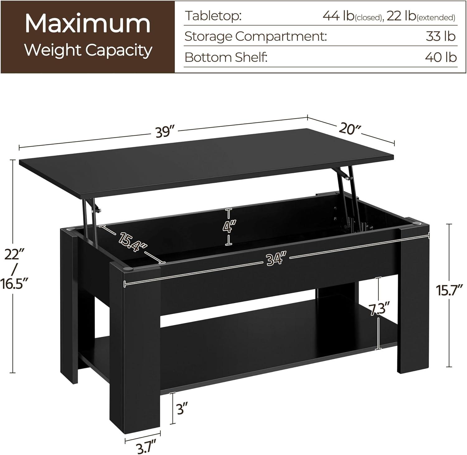 Vintage Coffee Table, Lift Top Coffee Table with Large Hidden Storage Shelf, Lift Tabletop Dining Table for Living Room, Home Small Space, 38.6in,Black