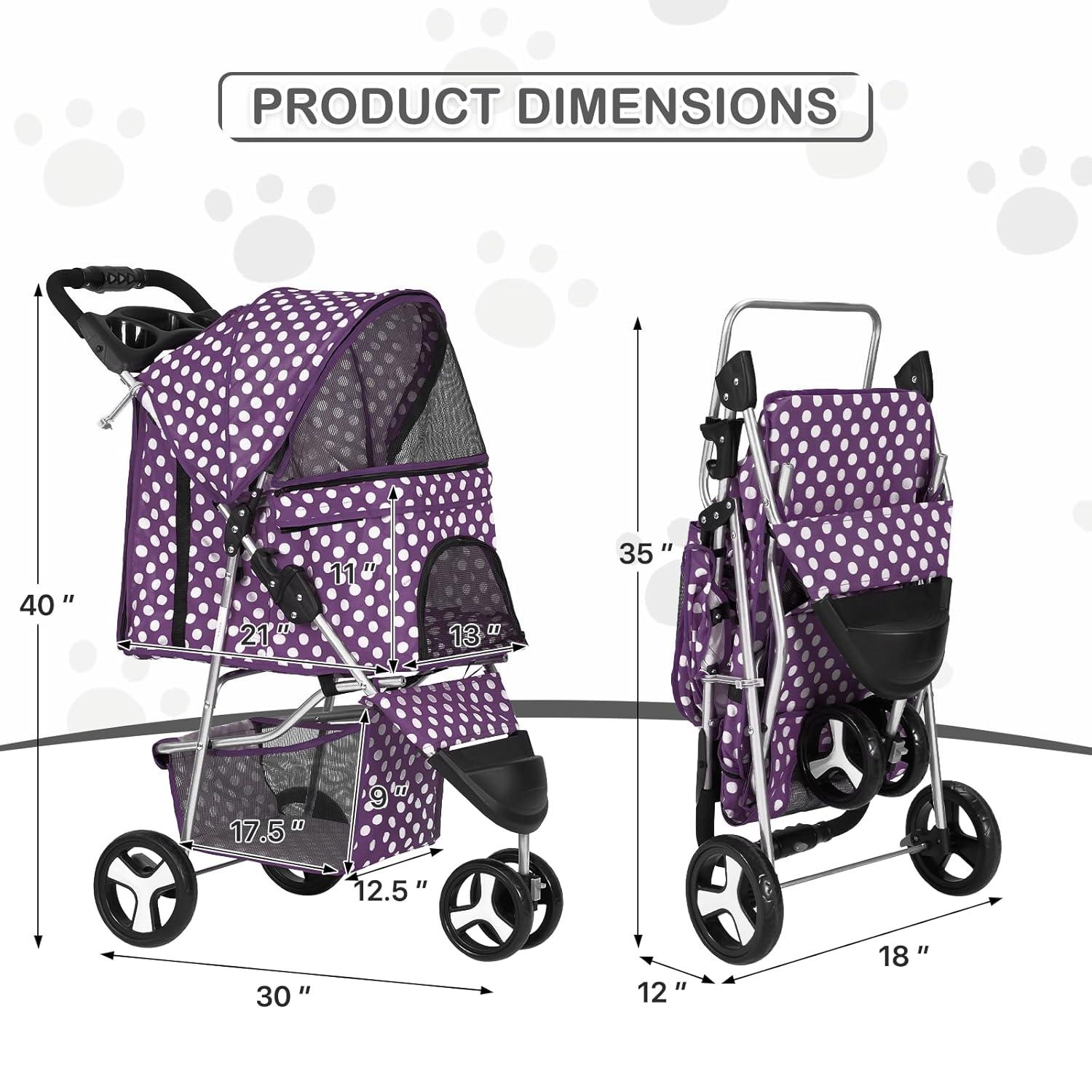 MoNiBloom 3 Wheel Folding Pet Dog Stroller, Foldable Lightweight Trolley with Storage Basket, Cup Holder and 360° Rotating Front Wheel for Small Medium Dogs, Purple with White Polka Dots